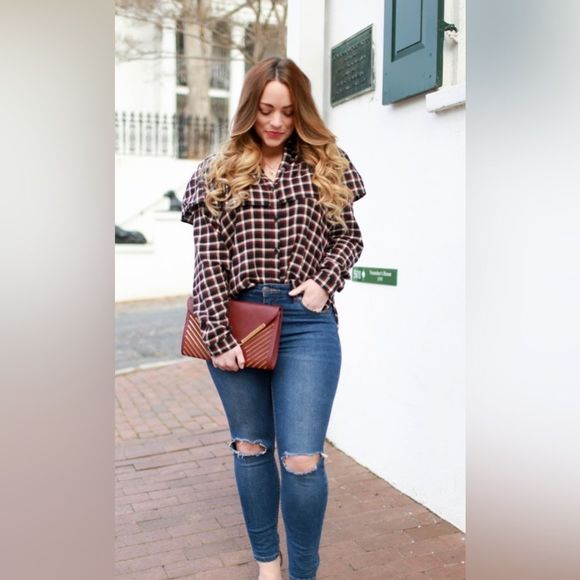 Monki Plaid Frill Ruffle Button-down Top Medium - Picture 4 of 10